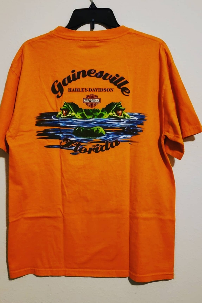Harley-Davidson orange shirt.
